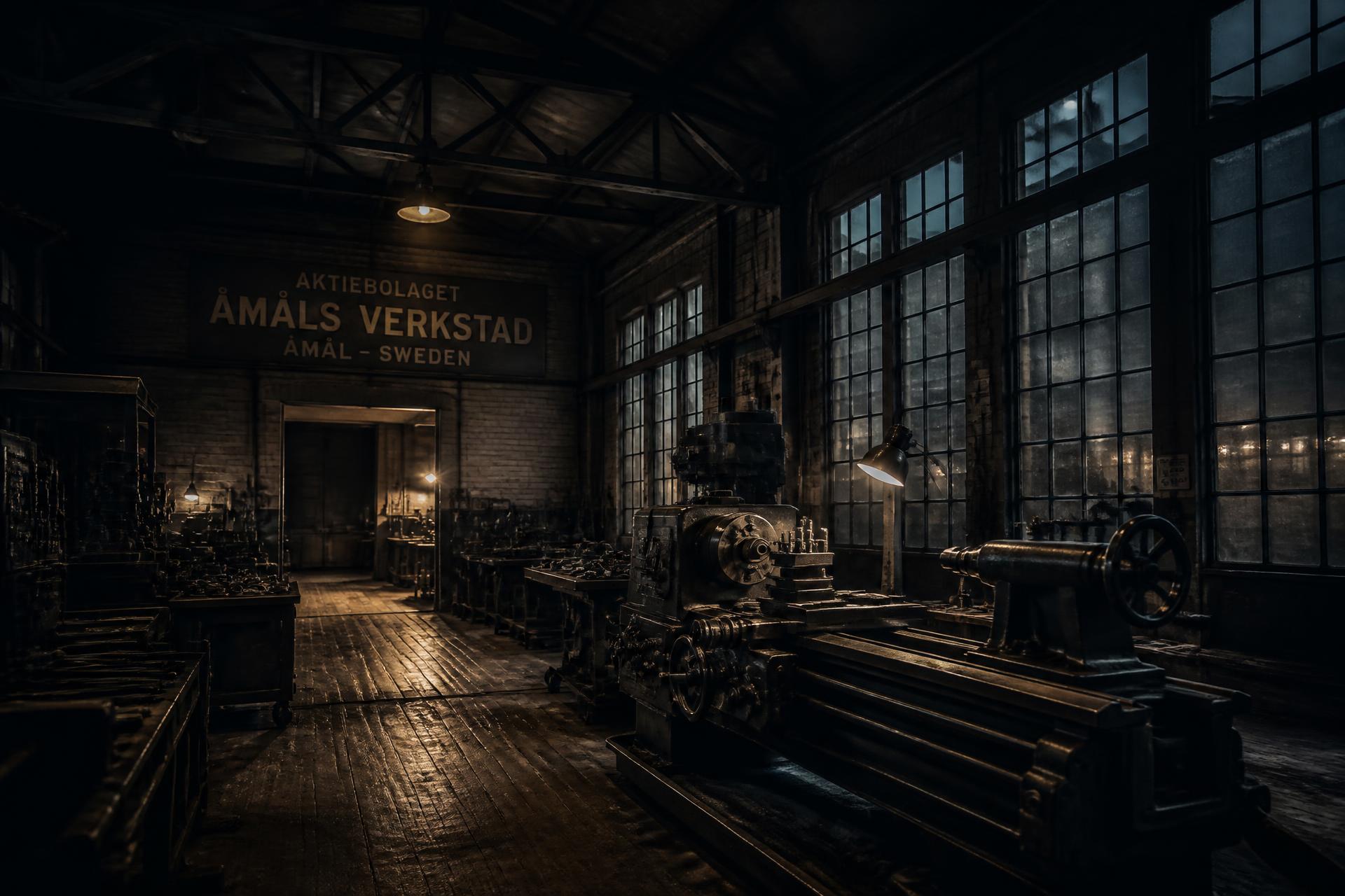 Industrial workshop with lathes and tall factory windows in twilight